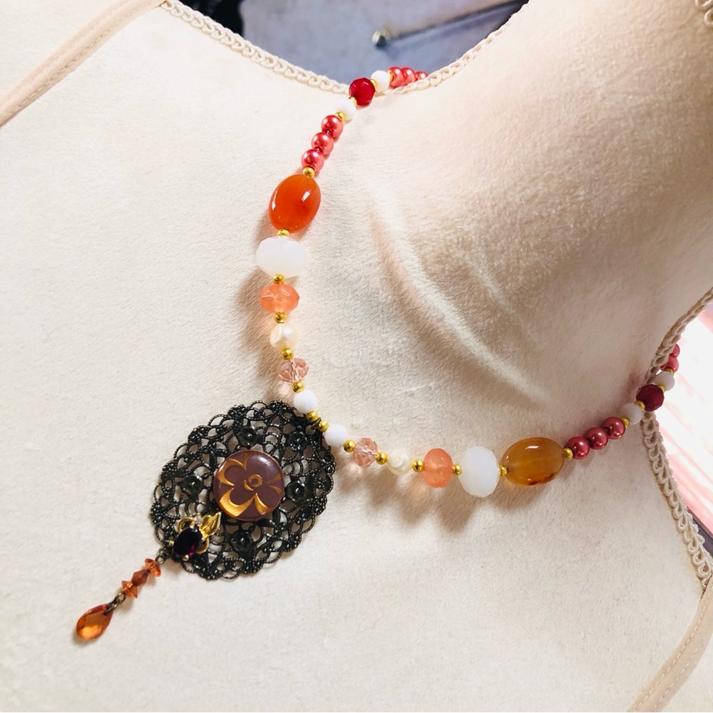 Handcrafted repurpose genuine pearl carnelian filigree necklace